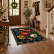 dark teal colorful folk floral garden area rug, close decorative detail