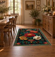 dark teal colorful folk floral garden area rug, front room mockup