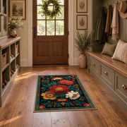 dark teal colorful folk floral garden area rug, wide interior view