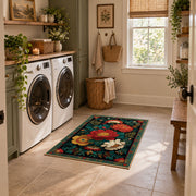 dark teal colorful folk floral garden area rug, design detail view