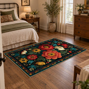dark teal red rose folk floral area rug, featured room view