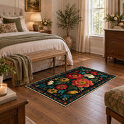 dark teal red rose folk floral area rug, cozy home setting