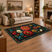 dark teal red rose folk floral area rug, angled room view