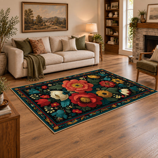 dark teal red rose folk floral area rug, angled room view