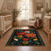 dark teal red rose folk floral area rug, full pattern view