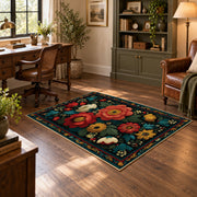 dark teal red rose folk floral area rug, soft surface detail
