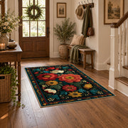 dark teal red rose folk floral area rug, wood floor styling