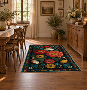 dark teal red rose folk floral area rug, close decorative detail