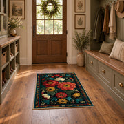 dark teal red rose folk floral area rug, front room mockup