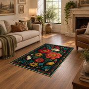 dark teal red rose folk floral area rug, design detail view