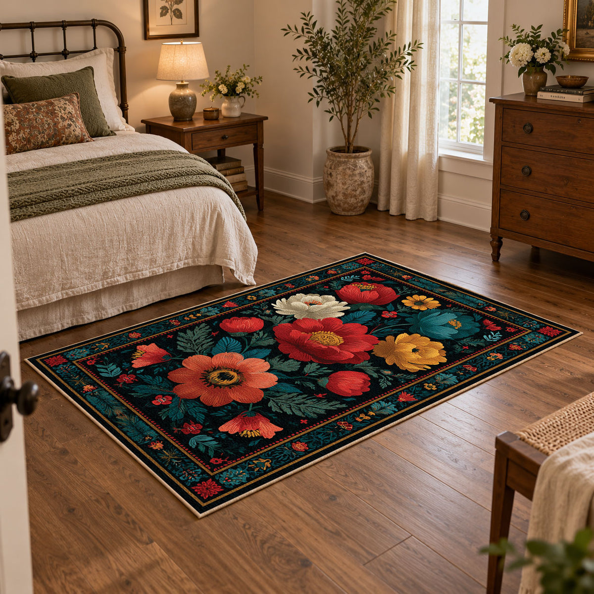 dark teal vibrant folk floral area rug, featured room view