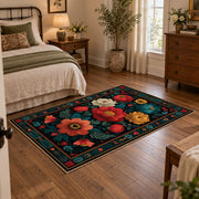 dark teal vibrant folk floral area rug, featured room view