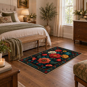 dark teal vibrant folk floral area rug, cozy home setting