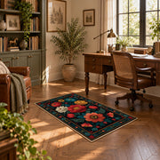 dark teal vibrant folk floral area rug, complete product view