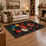 dark teal vibrant folk floral area rug, angled room view