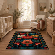 dark teal vibrant folk floral area rug, full pattern view