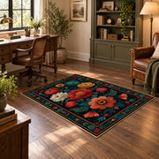 dark teal vibrant folk floral area rug, soft surface detail