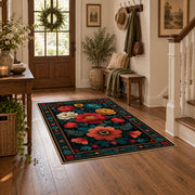 dark teal vibrant folk floral area rug, wood floor styling