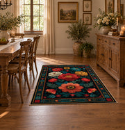 dark teal vibrant folk floral area rug, close decorative detail