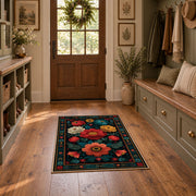 dark teal vibrant folk floral area rug, front room mockup