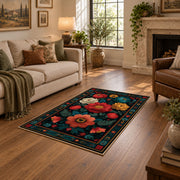 dark teal vibrant folk floral area rug, design detail view