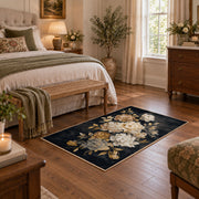 charcoal ivory peony botanical floral area rug, cozy home setting