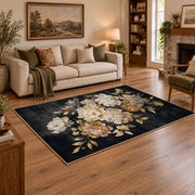 charcoal ivory peony botanical floral area rug, angled room view