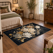 charcoal ivory peony botanical floral area rug, full pattern view