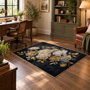charcoal ivory peony botanical floral area rug, soft surface detail