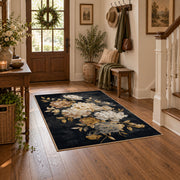 charcoal ivory peony botanical floral area rug, wood floor styling