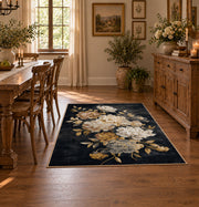 charcoal ivory peony botanical floral area rug, close decorative detail