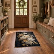 charcoal ivory peony botanical floral area rug, front room mockup