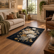 charcoal ivory peony botanical floral area rug, design detail view