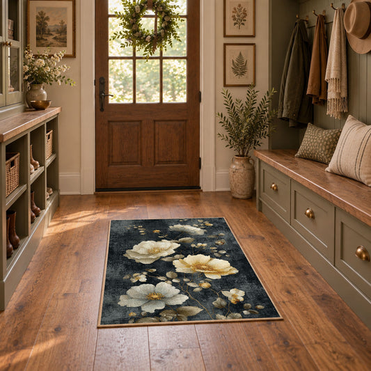 charcoal cream rose vintage botanical area rug, featured room view