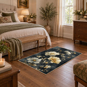 charcoal cream rose vintage botanical area rug, cozy home setting