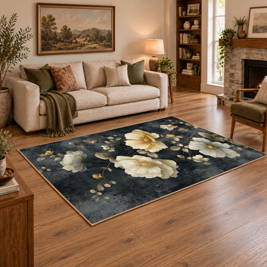 charcoal cream rose vintage botanical area rug, angled room view