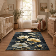 charcoal cream rose vintage botanical area rug, full pattern view