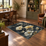 charcoal cream rose vintage botanical area rug, wood floor styling