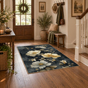 charcoal cream rose vintage botanical area rug, close decorative detail