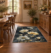 charcoal cream rose vintage botanical area rug, front room mockup