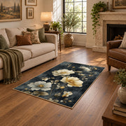 charcoal cream rose vintage botanical area rug, design detail view