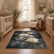 dark gray white peony elegant floral area rug, featured room view