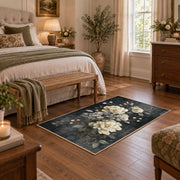 dark gray white peony elegant floral area rug, cozy home setting