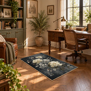 dark gray white peony elegant floral area rug, complete product view