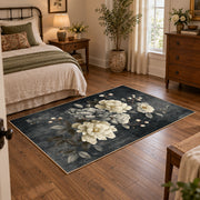 dark gray white peony elegant floral area rug, full pattern view