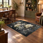 dark gray white peony elegant floral area rug, soft surface detail
