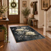 dark gray white peony elegant floral area rug, wood floor styling