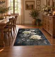 dark gray white peony elegant floral area rug, close decorative detail