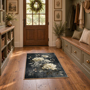 dark gray white peony elegant floral area rug, front room mockup