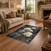 dark gray white peony elegant floral area rug, design detail view